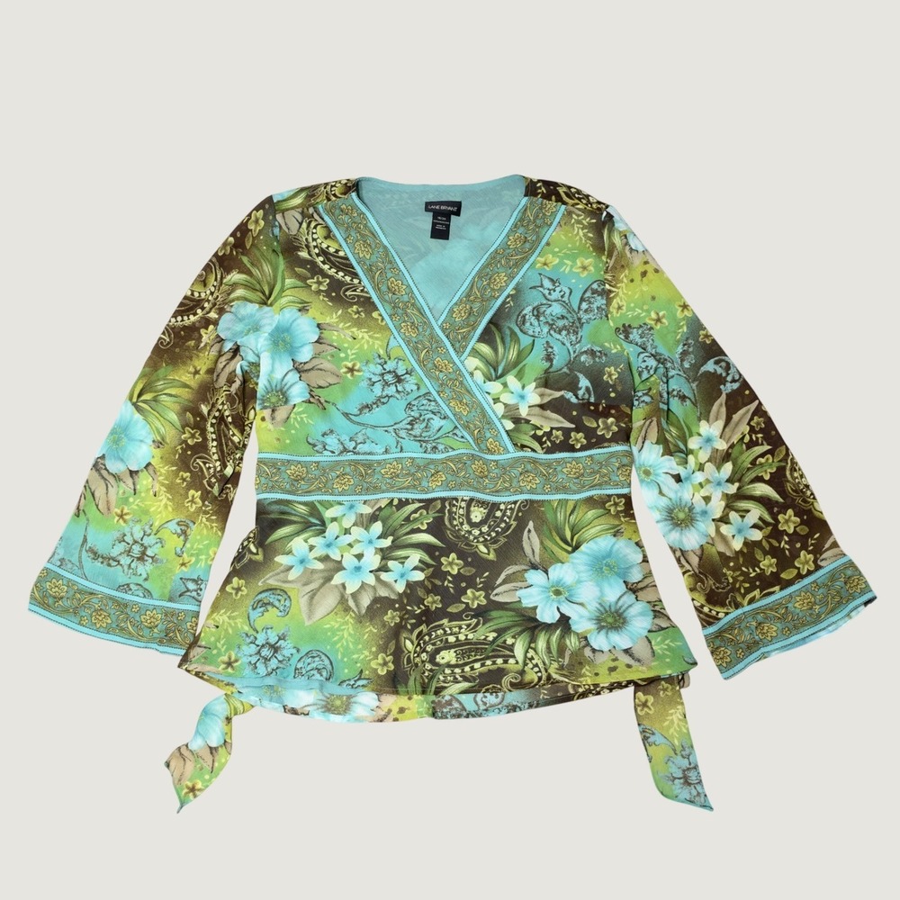 Y2K Fairy Blouse Faux Wrap Floral Paisley Blue Green Lane Bryant Tie Back 18/20